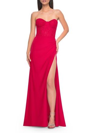 La Femme Lace Bustier Strapless Dress with Ruched Jersey Skirt in Red at Nordstrom, Size 12