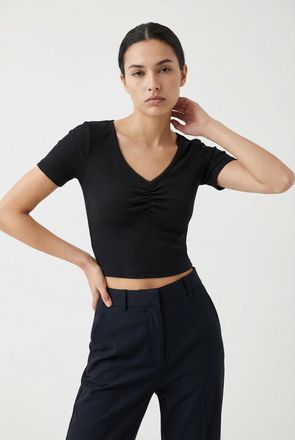 Only Kurzarmshirt ONLY ONLBETTY LIFE S/S SCALLOP V-NECK CC JRS, Damen, Gr. XL, schwarz, Jersey, Obermaterial: 95% Baumwolle, 5% Elasthan, unifarben, h&uuml;ftla