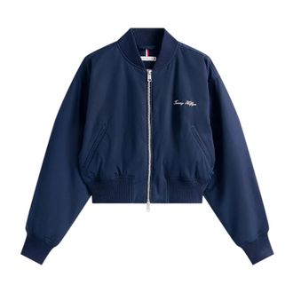 Tommy Hilfiger Bomber Jackets, female, Blue, Size: XL Nylon Reg Cropped Bo