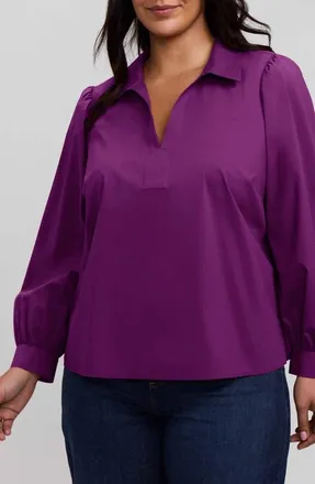 Foxcroft Alix Long Sleeve Popover Top in Fig Purple at Nordstrom, Size 1X