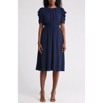 London Times Ruched Bubble Sleeve Midi Dress in Navy at Nordstrom Rack, Size 16
