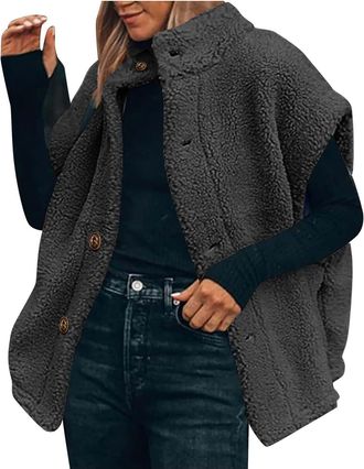 Generic Womens Fuzzy Sherpa Fleece Vest Thickened Plush Gilet Oversized Lightweight Trendy Sleeveless Jacket Vests Warm Button Down Cardigan Stand Collar Gile