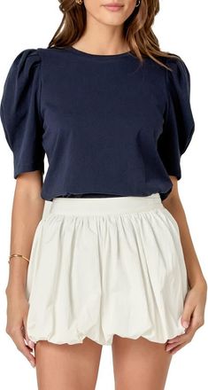 English Factory Puff Sleeve Knit Top in Navy at Nordstrom, Size Medium