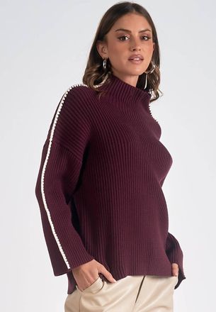 Elan Mockneck Contrast Stitch Sweater In Red