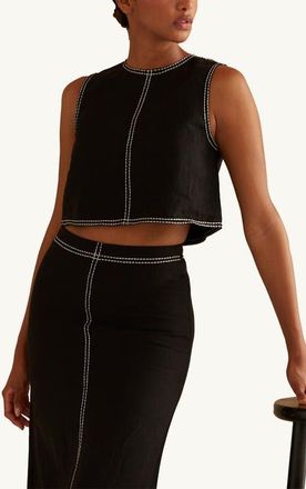 Crescent Embroidered Contrast Stitch Linen Crop Top in Black at Nordstrom, Size X-Small