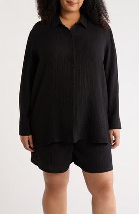 Eileen Fisher Classic Collar Easy Organic Cotton Button-Up Shirt in Black at Nordstrom, Size 3X