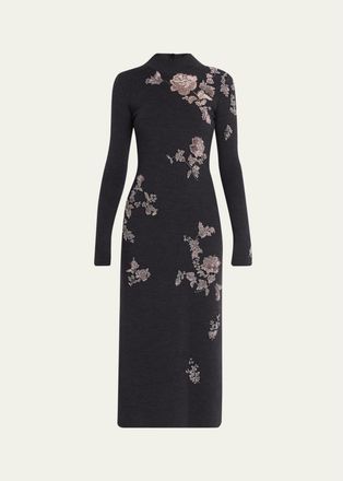 Oscar De La Renta Floral Embroidered Knit Long-Sleeve Midi Dress