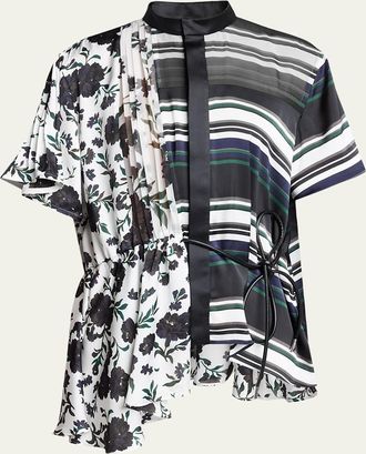 sacai Mixed-Print Satin Short-Sleeve Blouse