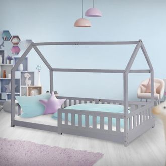 ML Design Ml-design - Cama Infantil 90x200cm Con Reja Protectora Techo Y Somier Estructura Listones De Madera De Pino Maciza Color Gris Claro Dise&ntilde;o Creativo Mu