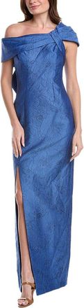 Teri Jon by Rickie Freeman Jacquard Asymmetrical Portrait Bow Shoulder Gown