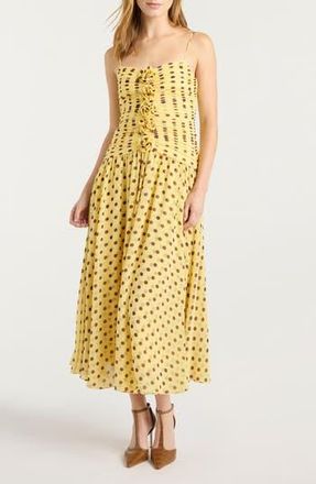 Cinq &agrave; Sept Camille Magda Ruched Polka Dot Floral Appliqu&eacute; Dress in Lemon Puff/Deep Plum at Nordstrom Rack, Size 10