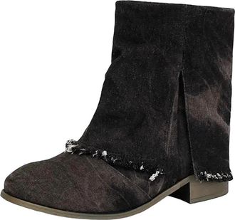 Generic Womens Leisure Mid Calf Boots Round Toe High Block Heel Slip On With Platform And Sewing Detail Cowgirl Style Booties