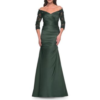 La Femme Mermaid Satin Dress with Gathering and Off the Shoulder Top in Emerald at Nordstrom, Size 16