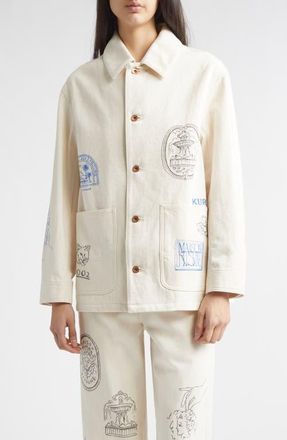 Kuro x Maison Kitsun&eacute; Hand Painted Postcard Denim Chore Jacket in Off White at Nordstrom, Size Small