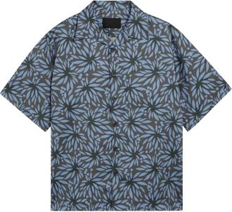 Prada Bedrukte Katoenen Bowling Shirt - Heren - Korte mouwen Overhemden - Blauw - XL - Katoen - Overhemden