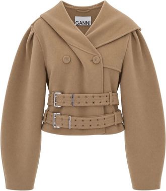 Ganni Dubbele-Rits Capuchonjas - Dames - Mantel - Beige - S - Wol - Jassen