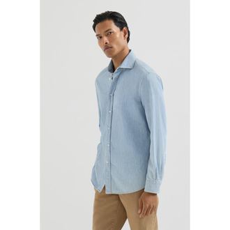 Brunello Cucinelli Lightweight denim shirt with spread collar in Light Blue Denim at Nordstrom, Size Xxx-Large