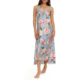 Flora Nikrooz Stella Floral Empire Waist Satin Sleep Gown in Grey at Nordstrom Rack, Size X-Large