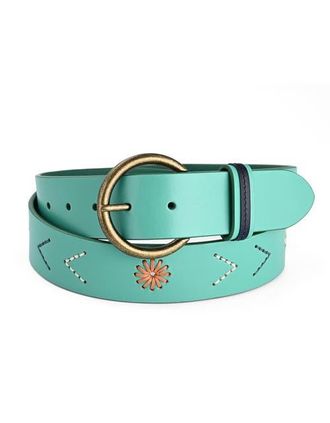 OLD TREND Boho Genuine Leather Perforated Handcrafted Detail Belt in Aqua at Nordstrom, Size Medium