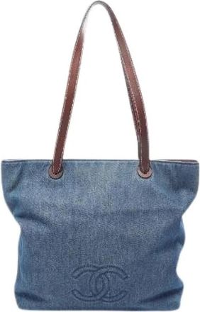 Chanel Pre-owned Coco Mark Denim Leather Tote Bag - Dames - Vintage Shopper - Blauw - ONE Size - Denim - Vintage