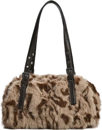 Generic Leopard Print Tote Bag for Women Plush Pillow Handbag Casual Shoulder Hobo Bag Furry Purse, Khaki