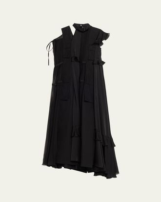 sacai Mixed-Media Tiered Cap-Sleeve Maxi Dress