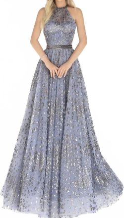 Tarik Ediz Halter Evening Gown In Blue Multi