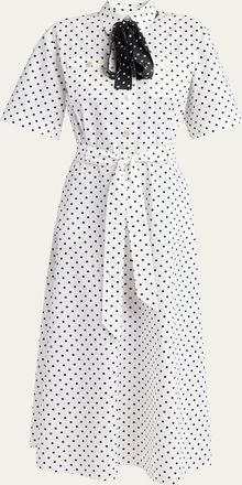 Valentino Garavani Polkadot-Print Cotton Neck-Scarf Midi Shirtdress
