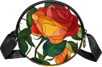 Generic Circle Crossbody Bag for Women, Line Roses Green Leaf Small Sling Bag Daypack with Zipper Adjustable Shoulder Straps Casual Ladies Girls Round Purse