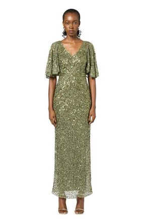Beauut Occasion Embellished Sequin Beaded V Neck With Short Sleeves Evening Dress in Olive at Nordstrom, Size 10