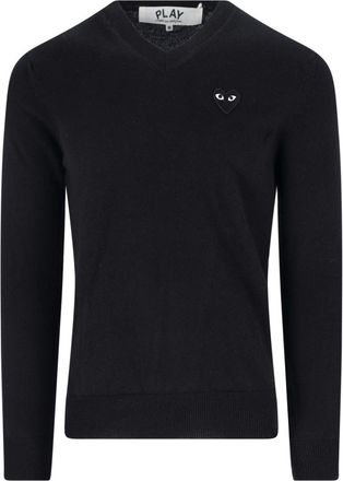 Comme Des Gar&ccedil;ons V-Neck Tonal Logo Black Wool Sweater