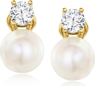 Ross-Simons Italian 10.5-11mm Cultured Pearl and CZ Drop Earrings in 18kt Gold Over Sterling