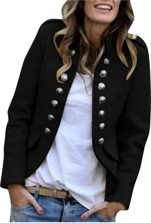 Generic Traditional Blazer Womens Stand-Up Collar Sweat Blazer Sporty Short Military Blazer Short Coat Wool Blazer Buttons Front Cardigan Autumn Transition Ja