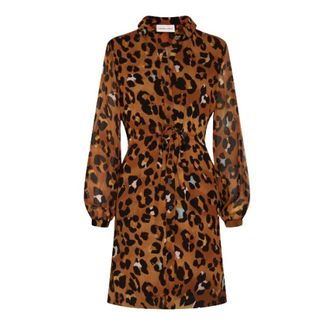 Fab By Fabienne Chapot Long Sleeve Leopard Print Midi Jurk - Dames - Casual kleedjes - Bruin - S - Kleedjes