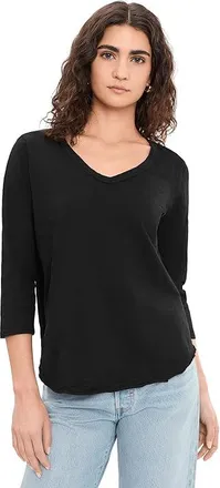 Mod-o-doc 3/4 Sleeve V-Neck T-Shirts with Curved Hem Womens Clothing Black 6 : LG (US 12-14), Cotton