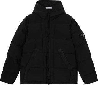 Stone Island Donsjack met capuchon en tunnelkoord zoom - Heren - Winterjassen - Zwart - M - Leer - Jassen