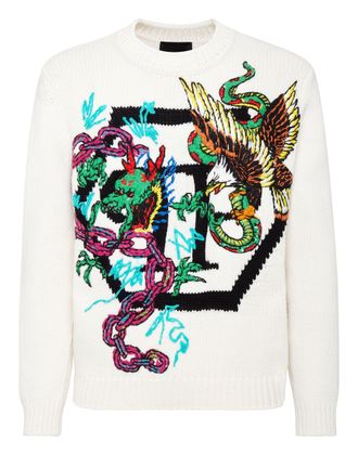 Philipp Plein Wool Cotton Pullover Round Neck LS Tattoo Patches
