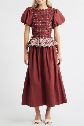 Damson Madder Audrey Smocked Puff Sleeve Organic Cotton Midi Dress in Red at Nordstrom, Size 12 Us