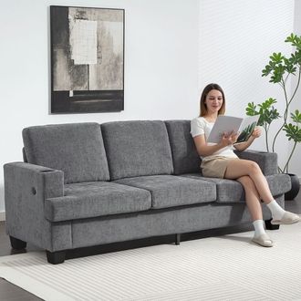 HOMCOM 3 Seater Sofa, Fabric Sofa with USB Ports & Cup Holders, Grey