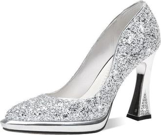 TinaCus Womens Sexy Pointed Toe Glittering Leather Handmade Slip On High Spool Heel Platform Pumps Shoes, Silver, 1.5 UK
