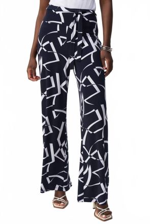 Joseph Ribkoff Geometric Belted Wide Leg Pants In Midnight Blue/vanilla