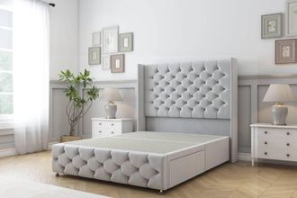 Sloomy Luthor Plush Divan Base 2 Drawers - 54 Wingback & 12 Footboard in Silver | Size: King