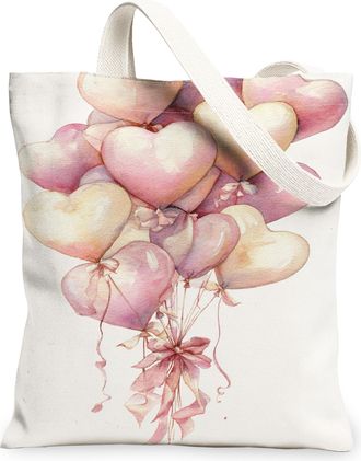 Generic Heart Balloons Canvas Tote Bags, Romantic Floral Pattern Reusable Grocery Bags, Lightweight Washable Shoulder Strap Canvas, Peach, 13x15 Inch