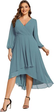 Ever-pretty Womens Chiffon V Neck 3/4 Sleeves Pleated A-Line Midi Length Wedding Guest Dress Dusty Blue 24UK