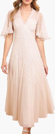 Needle & Thread Dappled Sequin Cape Ankle Gown in Cream at Nordstrom, Size 14