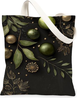 Generic Winter Greenery Canvas Tote Bags, Festive Ornaments Pattern Reusable Grocery Bags, Vintage Lightweight Washable Canvas for, Black, 13x15 Inch