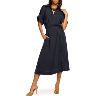 Ramy Brook Sonnet Embroidered Midi Shirtdress in Navy at Nordstrom, Size Xx-Small