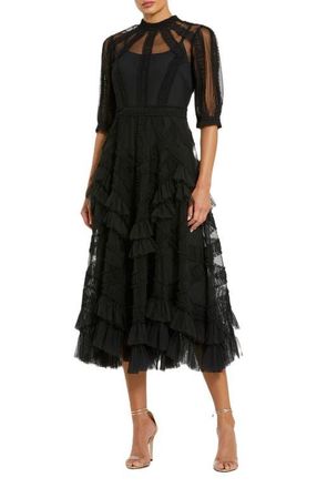 Mac Duggal High Neck Puff Sleeve Ruffle Tiered Dress in Black at Nordstrom, Size 24