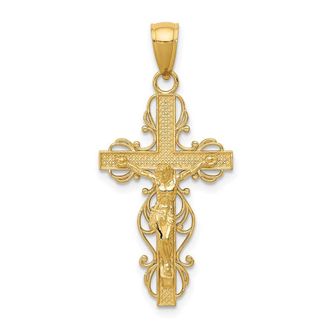 Diamond2Deal 14k Yellow Gold Polished Crucifix Lace Trim Pendant