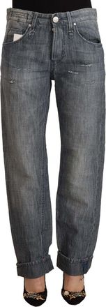 Acht Washed Mid Waist Straight blue Folded Hem Womens Jeans
